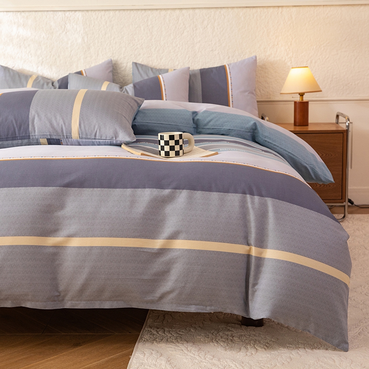 91家纺网 家纺一手货源 找家纺 八十八家纺 2026新款无印风全棉纯棉斜纹条格单被套被套单件单品被套 木思