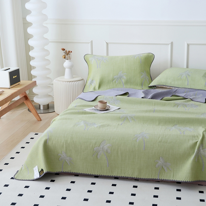 91家纺网 家纺一手货源 找家纺 朴尔家纺-毛巾被 2026新款柔绵绵风贝壳针复合工艺六层纱布毛巾被盖毯-朴尔经典款常年备货 海岛椰林-绿