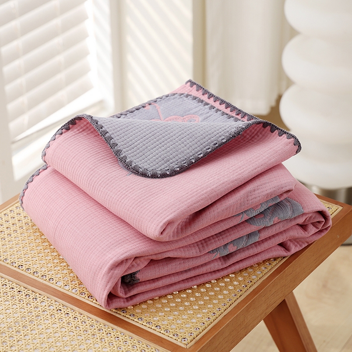 朴尔家纺-毛巾被 2026新款柔绵绵风贝壳针复合工艺六层纱布毛巾被盖毯-朴尔经典款常年备货 晨雨-粉
