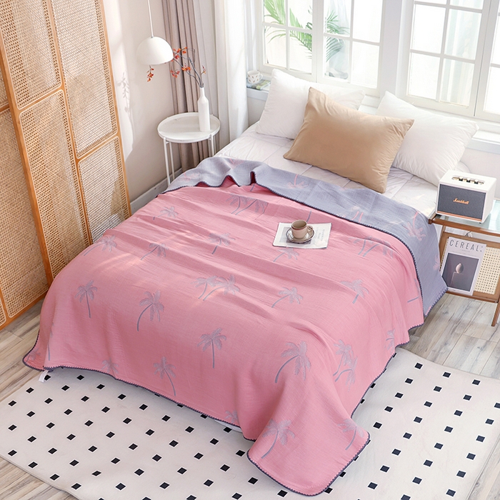 91家纺网 家纺一手货源 找家纺 朴尔家纺-毛巾被 2026新款柔绵绵风贝壳针复合工艺六层纱布毛巾被盖毯-朴尔经典款常年备货 海岛椰林-粉