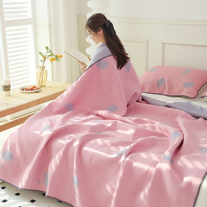 91家纺网 家纺一手货源 找家纺 朴尔家纺-毛巾被 2026新款柔绵绵风贝壳针复合工艺六层纱布毛巾被盖毯-朴尔经典款常年备货 晨雨-粉