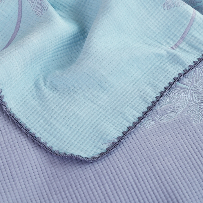 91家纺网 家纺一手货源 找家纺 朴尔家纺-毛巾被 2026新款柔绵绵风贝壳针复合工艺六层纱布毛巾被盖毯-朴尔经典款常年备货 海岛椰林-蓝