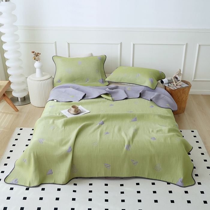 91家纺网 家纺一手货源 找家纺 朴尔家纺-毛巾被 2026新款柔绵绵风贝壳针复合工艺六层纱布毛巾被盖毯-朴尔经典款常年备货 心叶-绿