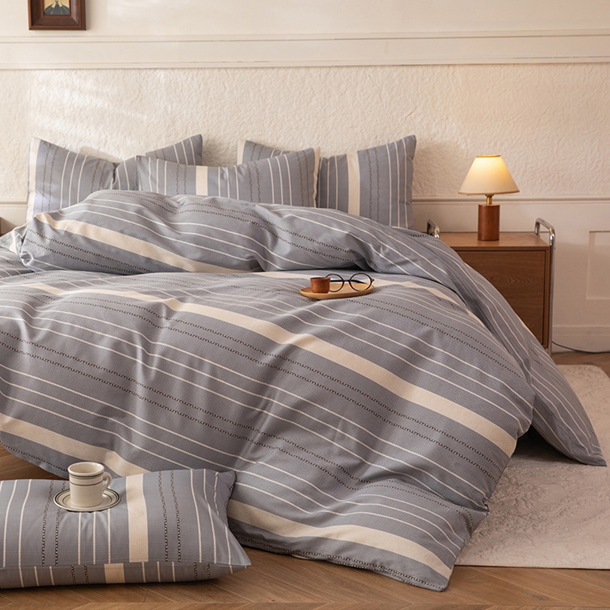 91家纺网 家纺一手货源 找家纺 八十八家纺 2026新款无印风全棉纯棉斜纹条格单被套被套单件单品被套 木几