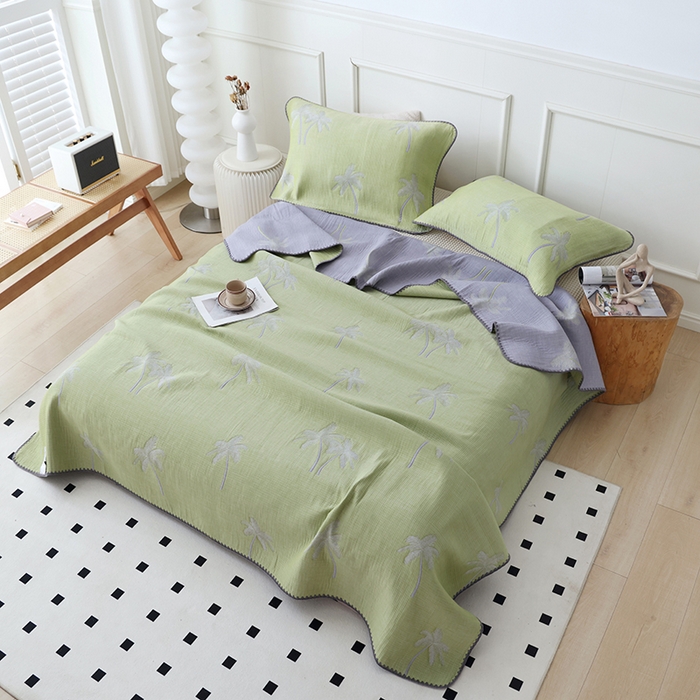 91家纺网 家纺一手货源 找家纺 朴尔家纺-毛巾被 2026新款柔绵绵风贝壳针复合工艺六层纱布毛巾被盖毯-朴尔经典款常年备货 海岛椰林-绿