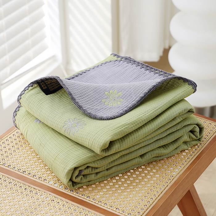 朴尔家纺-毛巾被 2026新款柔绵绵风贝壳针复合工艺六层纱布毛巾被盖毯-朴尔经典款常年备货 风中雏菊-绿