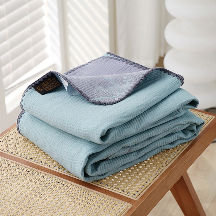 91家纺网 家纺一手货源 找家纺 朴尔家纺-毛巾被 2026新款柔绵绵风贝壳针复合工艺六层纱布毛巾被盖毯-朴尔经典款常年备货 海岛椰林-蓝