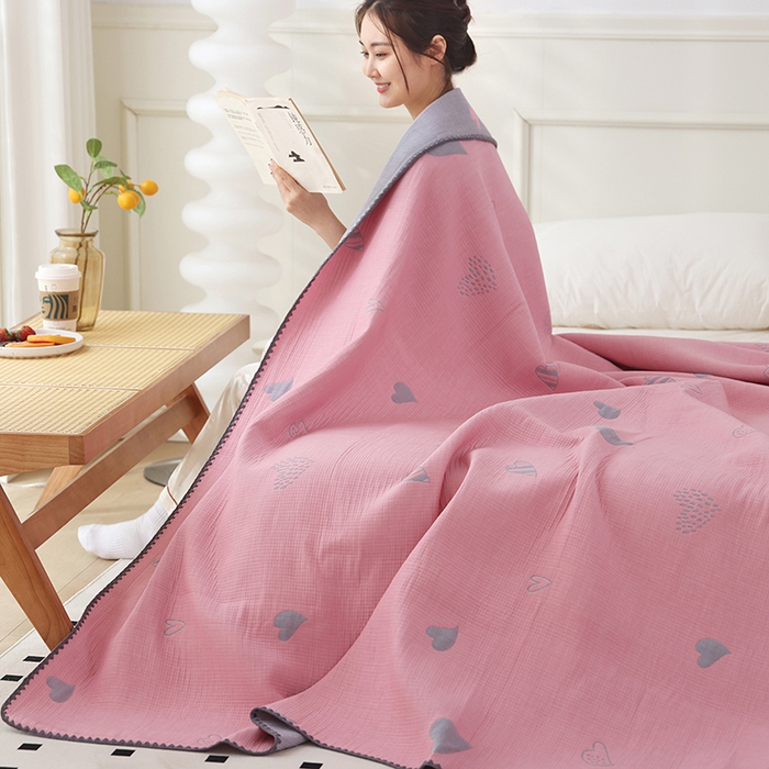 91家纺网 家纺一手货源 找家纺 朴尔家纺-毛巾被 2026新款柔绵绵风贝壳针复合工艺六层纱布毛巾被盖毯-朴尔经典款常年备货 心叶-粉