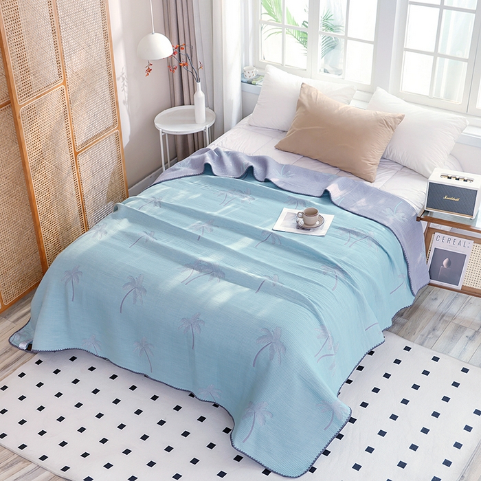 91家纺网 家纺一手货源 找家纺 朴尔家纺-毛巾被 2026新款柔绵绵风贝壳针复合工艺六层纱布毛巾被盖毯-朴尔经典款常年备货 海岛椰林-蓝