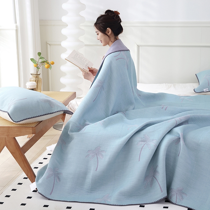 91家纺网 家纺一手货源 找家纺 朴尔家纺-毛巾被 2026新款柔绵绵风贝壳针复合工艺六层纱布毛巾被盖毯-朴尔经典款常年备货 海岛椰林-蓝