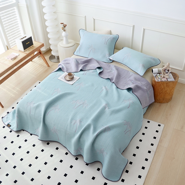 91家纺网 家纺一手货源 找家纺 朴尔家纺-毛巾被 2026新款柔绵绵风贝壳针复合工艺六层纱布毛巾被盖毯-朴尔经典款常年备货 海岛椰林-蓝