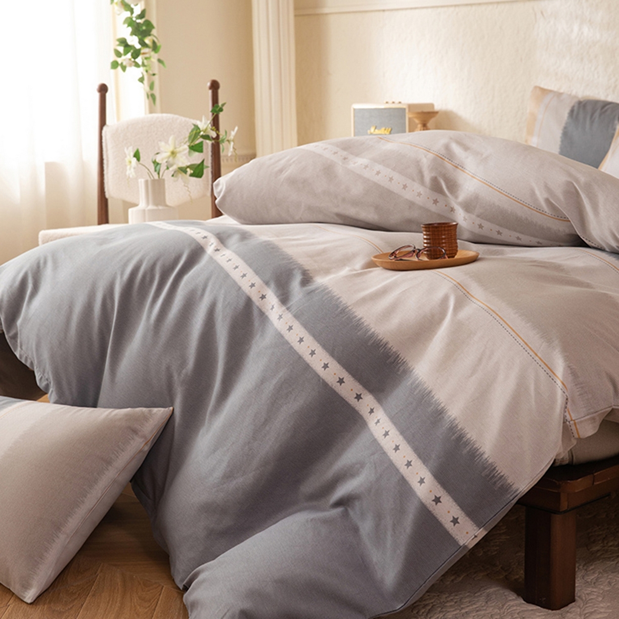 91家纺网 家纺一手货源 找家纺 八十八家纺 2026新款无印风全棉纯棉斜纹条格四件套 木兰