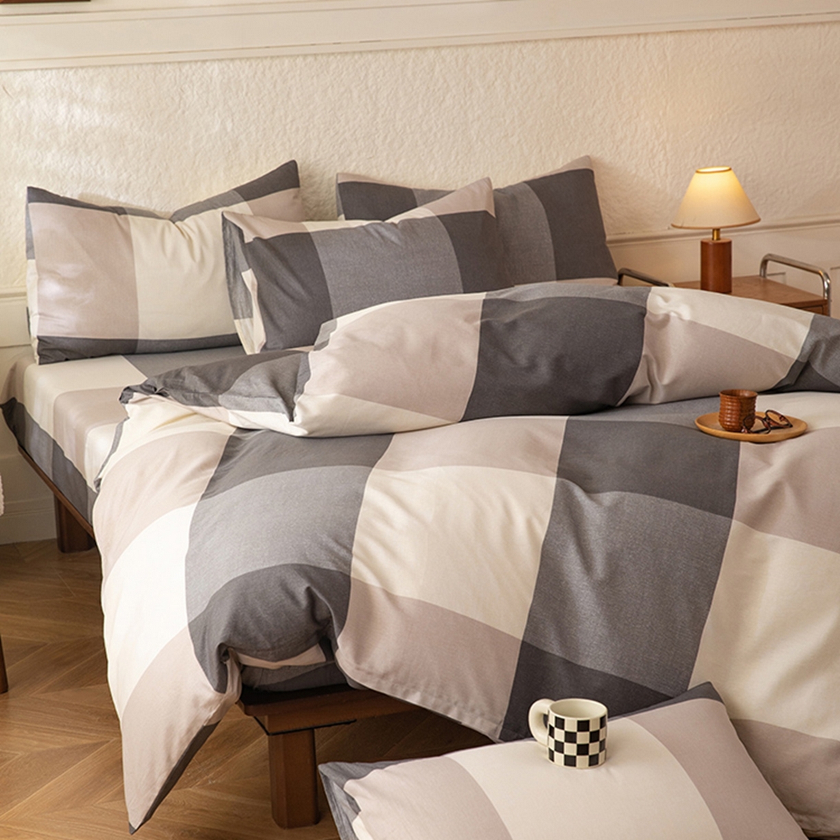 91家纺网 家纺一手货源 找家纺 八十八家纺 2026新款无印风全棉纯棉斜纹条格四件套 山海