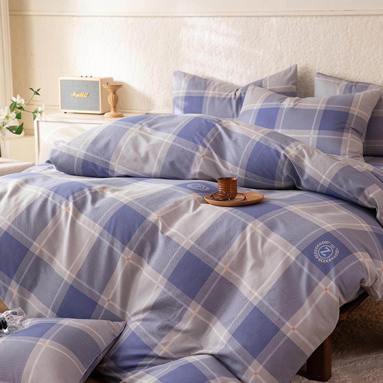 91家纺网 家纺一手货源 找家纺 八十八家纺 2026新款无印风全棉纯棉斜纹条格四件套 山林