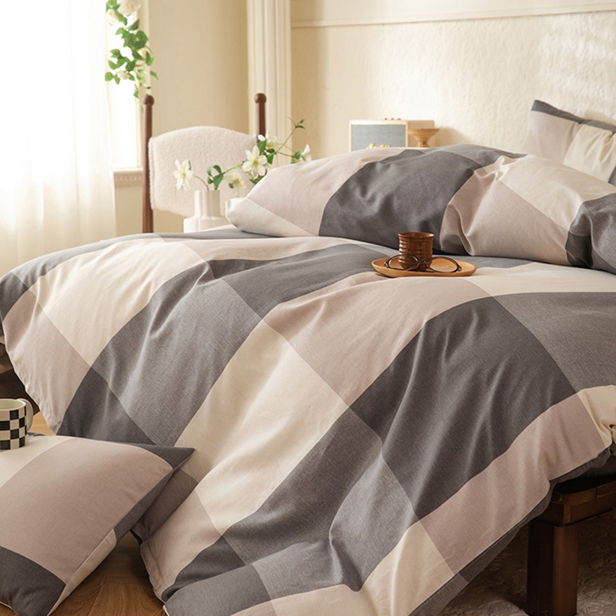 91家纺网 家纺一手货源 找家纺 八十八家纺 2026新款无印风全棉纯棉斜纹条格四件套 山海