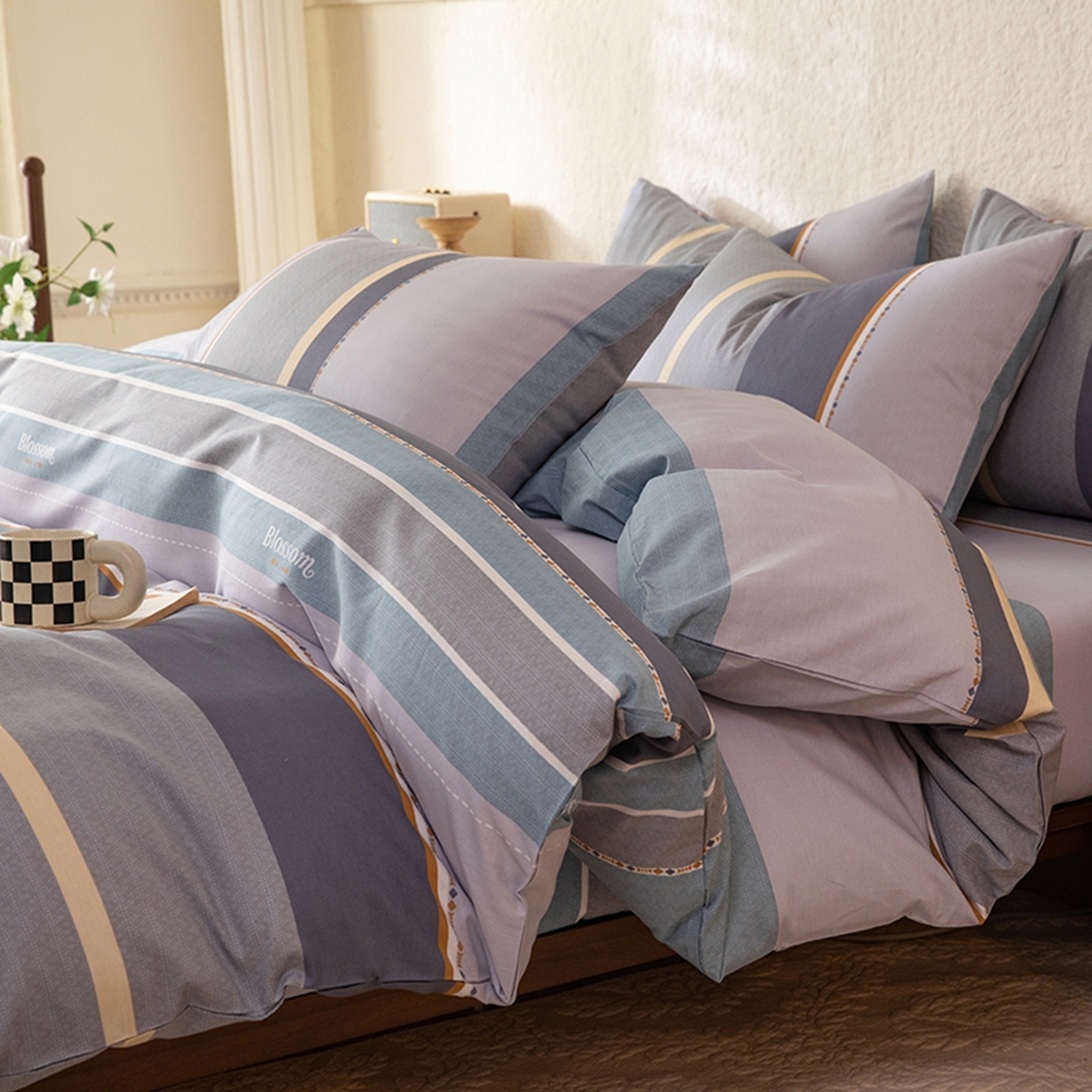 91家纺网 家纺一手货源 找家纺 八十八家纺 2026新款无印风全棉纯棉斜纹条格四件套 木思