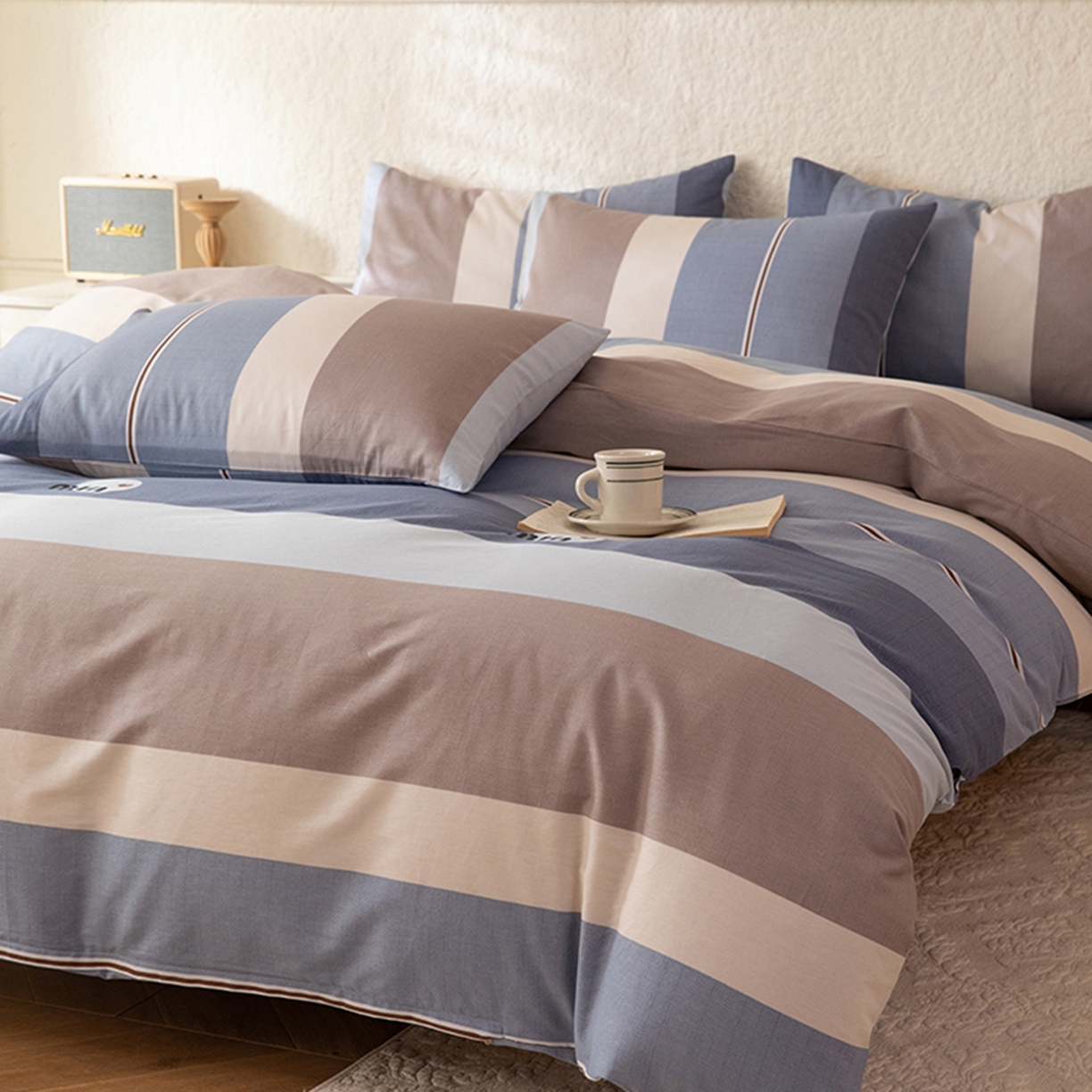 91家纺网 家纺一手货源 找家纺 八十八家纺 2026新款无印风全棉纯棉斜纹条格四件套 木央