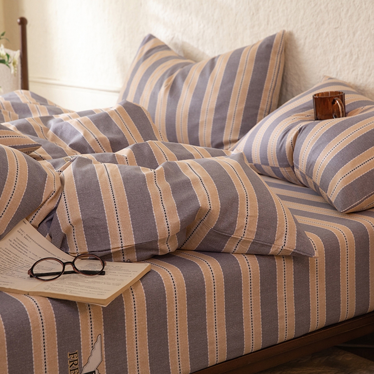 91家纺网 家纺一手货源 找家纺 （总）八十八家纺 2026新款无印风全棉纯棉斜纹条格四件套