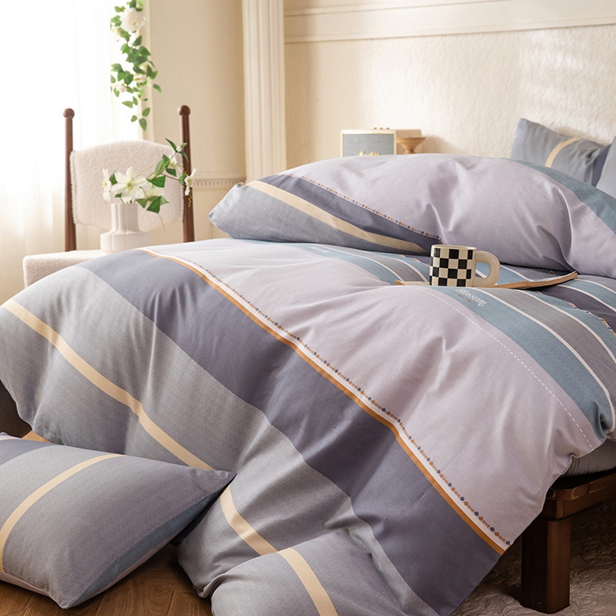 91家纺网 家纺一手货源 找家纺 八十八家纺 2026新款无印风全棉纯棉斜纹条格四件套 木思