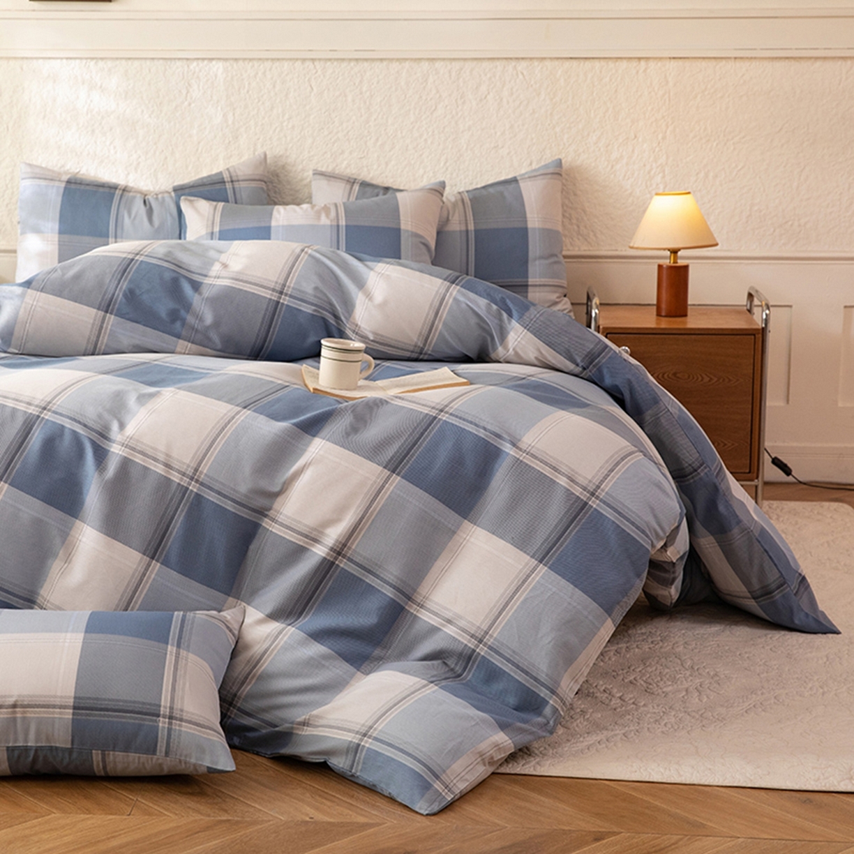 91家纺网 家纺一手货源 找家纺 八十八家纺 2026新款无印风全棉纯棉斜纹条格四件套 山禾