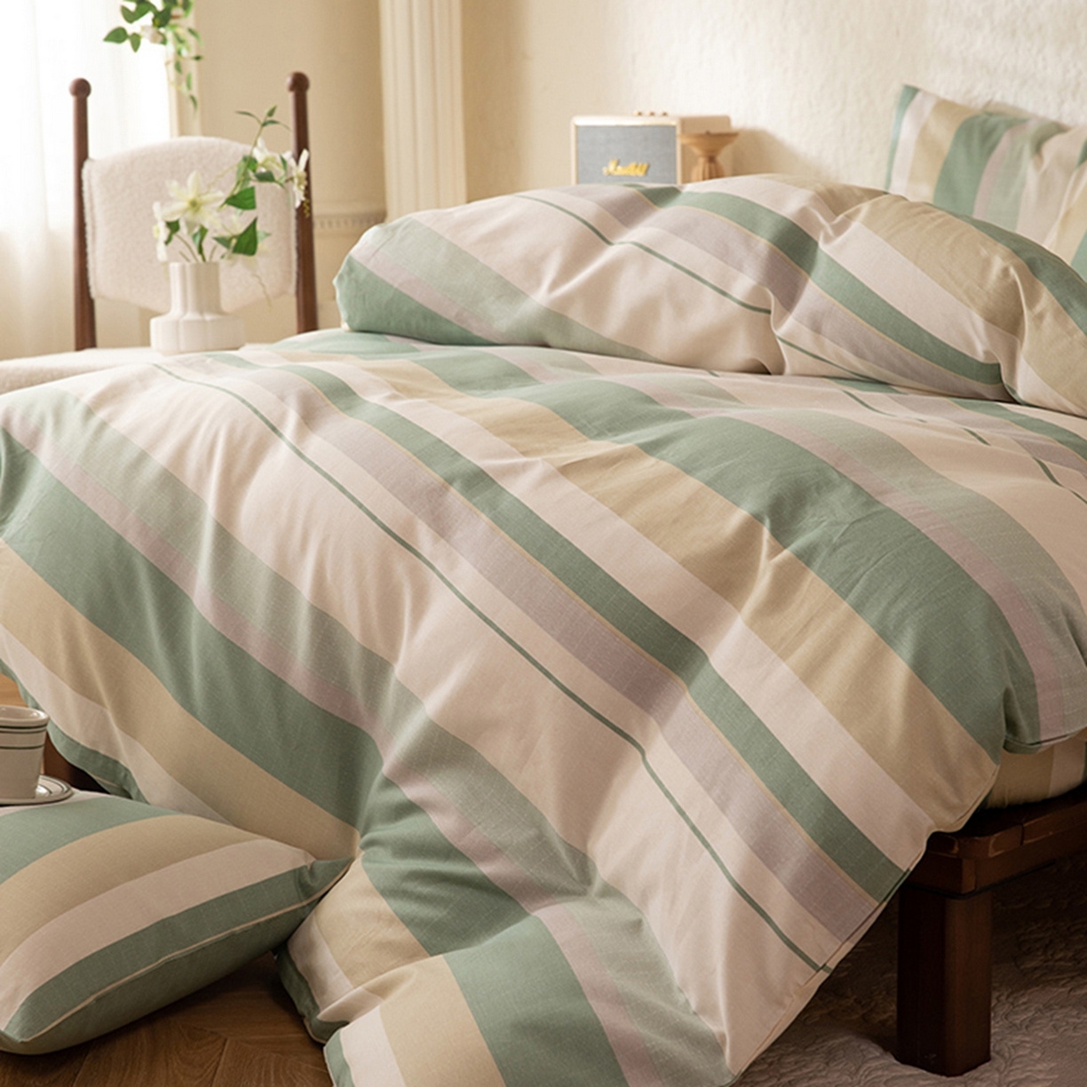 91家纺网 家纺一手货源 找家纺 八十八家纺 2026新款无印风全棉纯棉斜纹条格四件套 木春