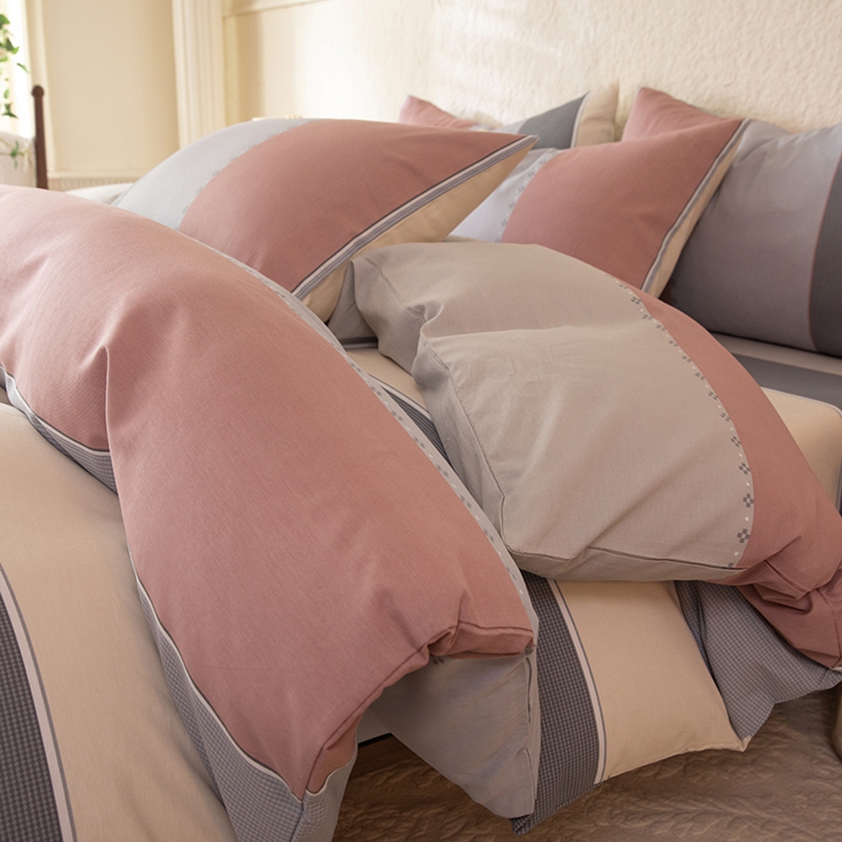 八十八家纺 2026新款无印风全棉纯棉斜纹条格四件套 木本