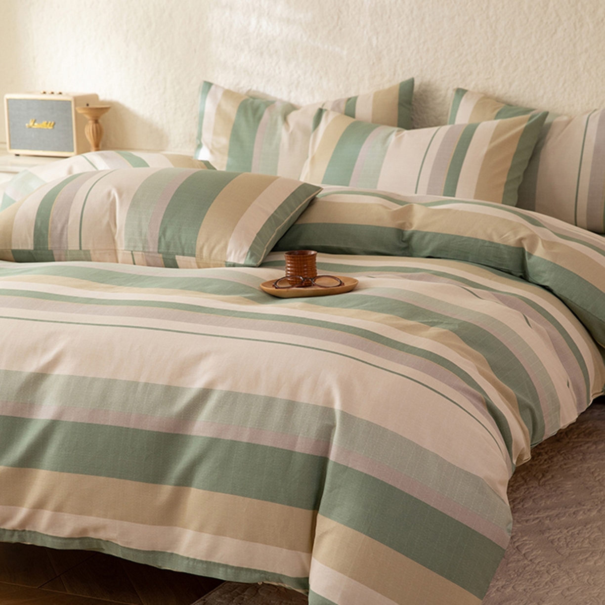 91家纺网 家纺一手货源 找家纺 八十八家纺 2026新款无印风全棉纯棉斜纹条格四件套 木春