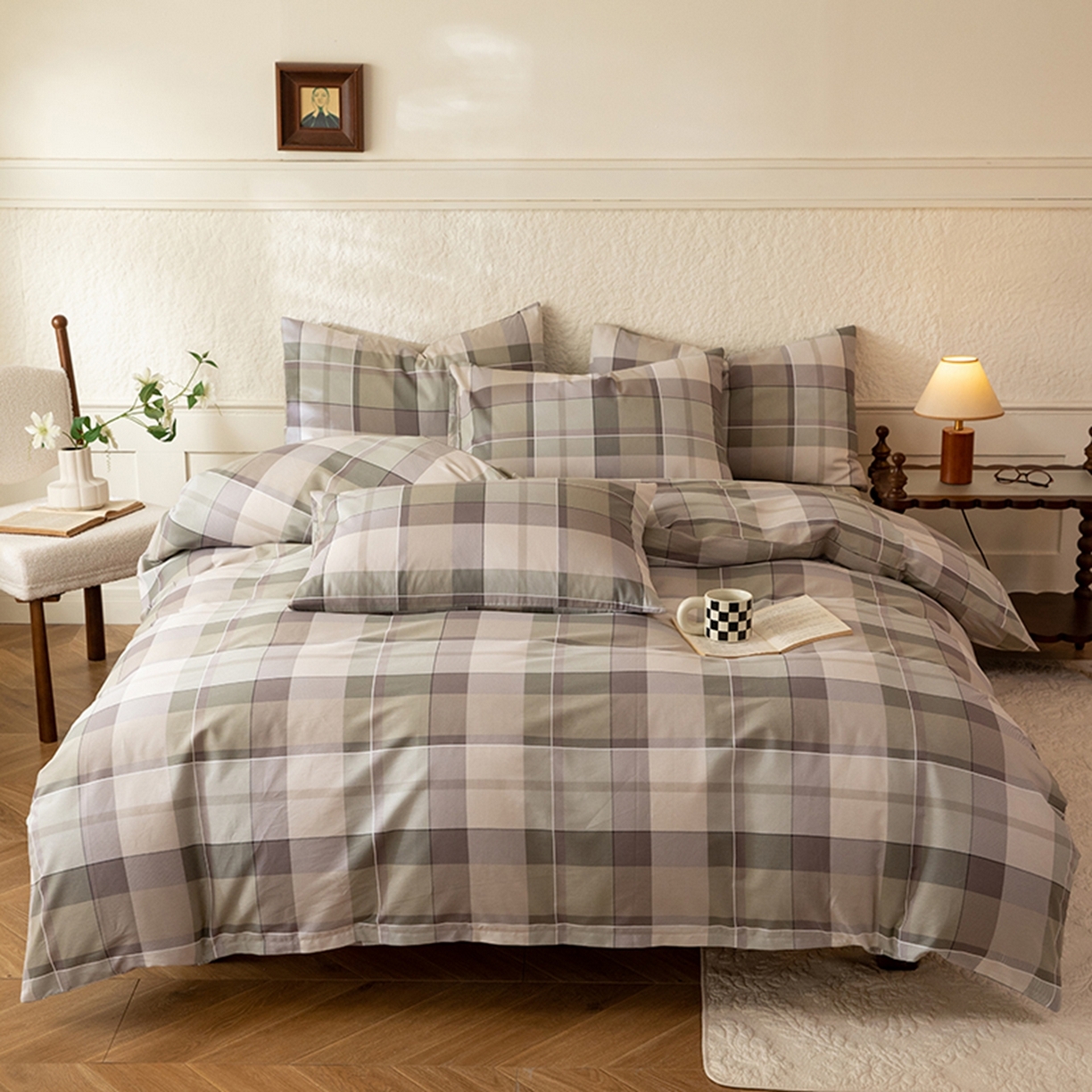 91家纺网 家纺一手货源 找家纺 八十八家纺 2026新款无印风全棉纯棉斜纹条格四件套 山茶