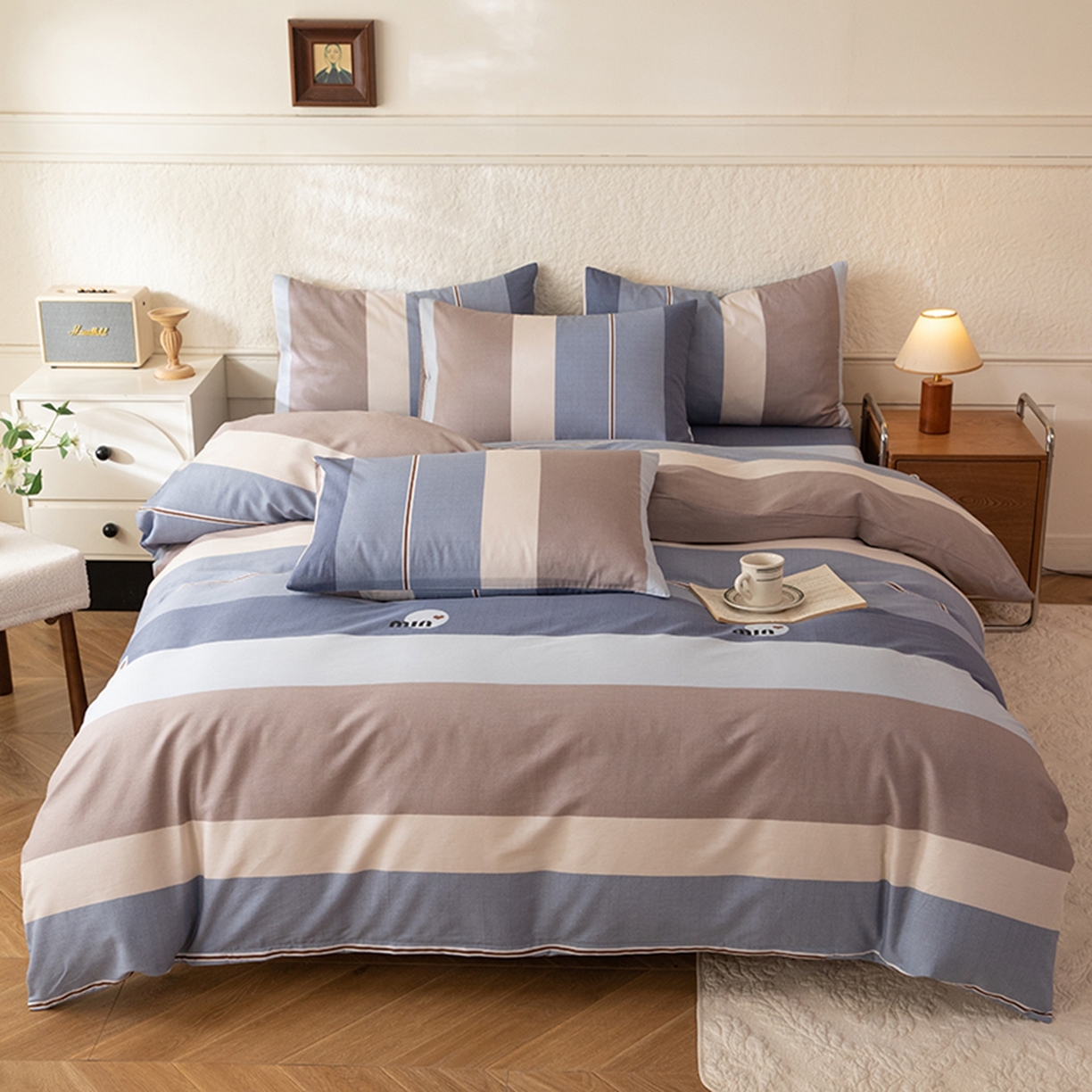 91家纺网 家纺一手货源 找家纺 八十八家纺 2026新款无印风全棉纯棉斜纹条格四件套 木央