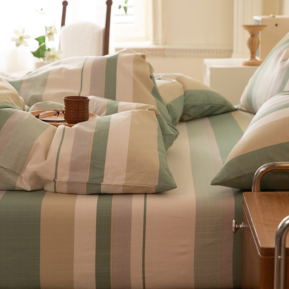 91家纺网 家纺一手货源 找家纺 八十八家纺 2026新款无印风全棉纯棉斜纹条格四件套 木春