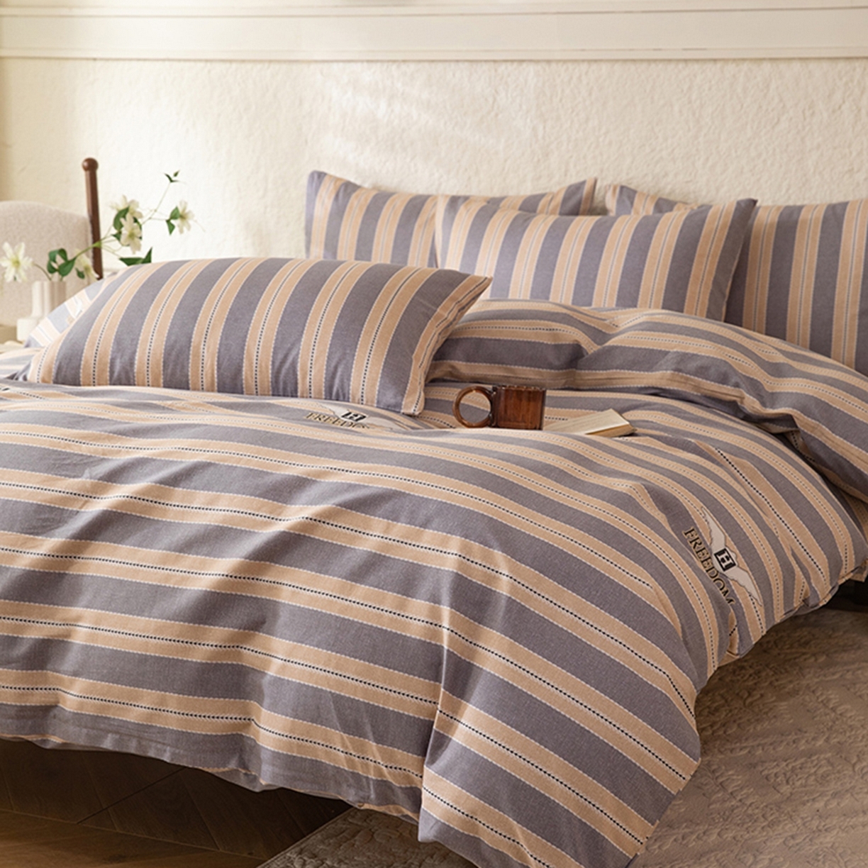 91家纺网 家纺一手货源 找家纺 （总）八十八家纺 2026新款无印风全棉纯棉斜纹条格四件套