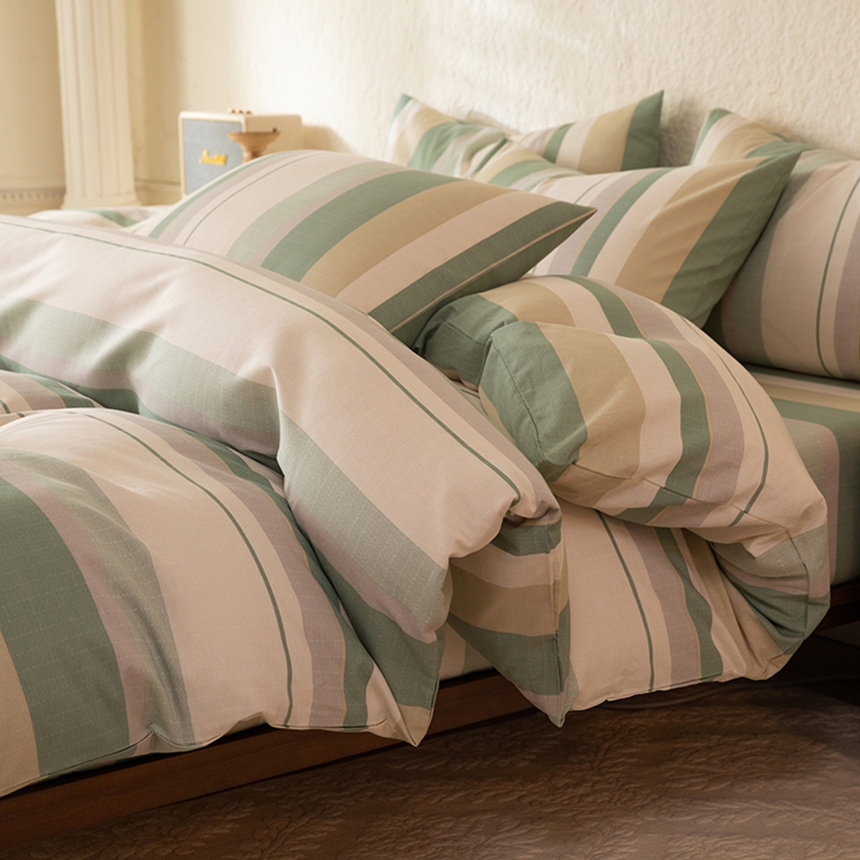 91家纺网 家纺一手货源 找家纺 八十八家纺 2026新款无印风全棉纯棉斜纹条格四件套 木春