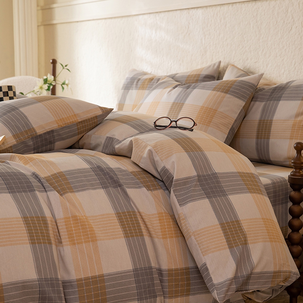 91家纺网 家纺一手货源 找家纺 八十八家纺 2026新款无印风全棉纯棉斜纹条格四件套 山川