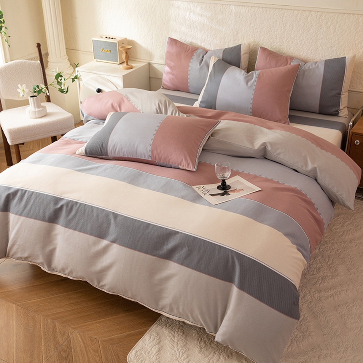 91家纺网 家纺一手货源 找家纺 八十八家纺 2026新款无印风全棉纯棉斜纹条格四件套 木本