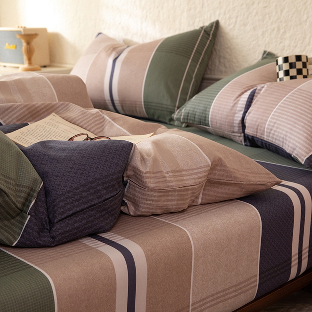 91家纺网 家纺一手货源 找家纺 八十八家纺 2026新款无印风全棉纯棉斜纹条格四件套 木夕