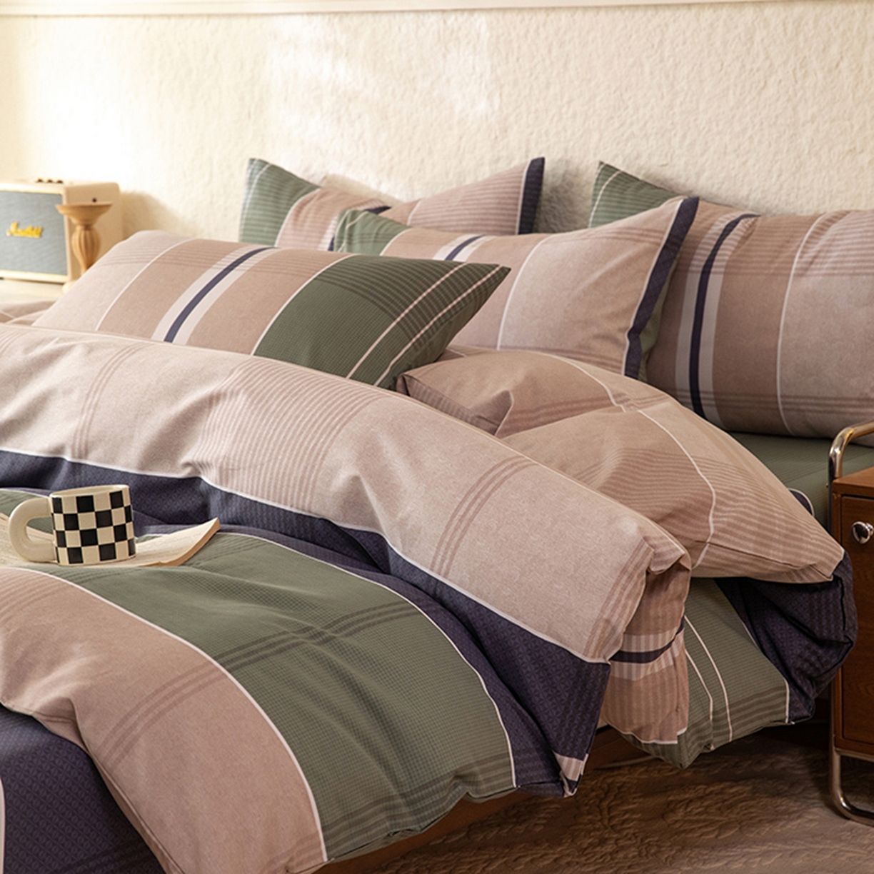 91家纺网 家纺一手货源 找家纺 八十八家纺 2026新款无印风全棉纯棉斜纹条格四件套 木夕