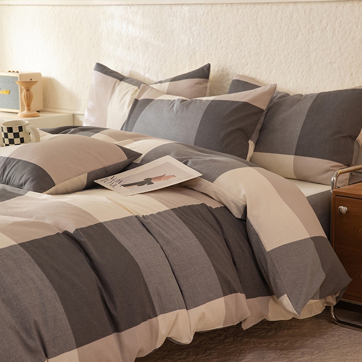 91家纺网 家纺一手货源 找家纺 八十八家纺 2026新款无印风全棉纯棉斜纹条格四件套 山海