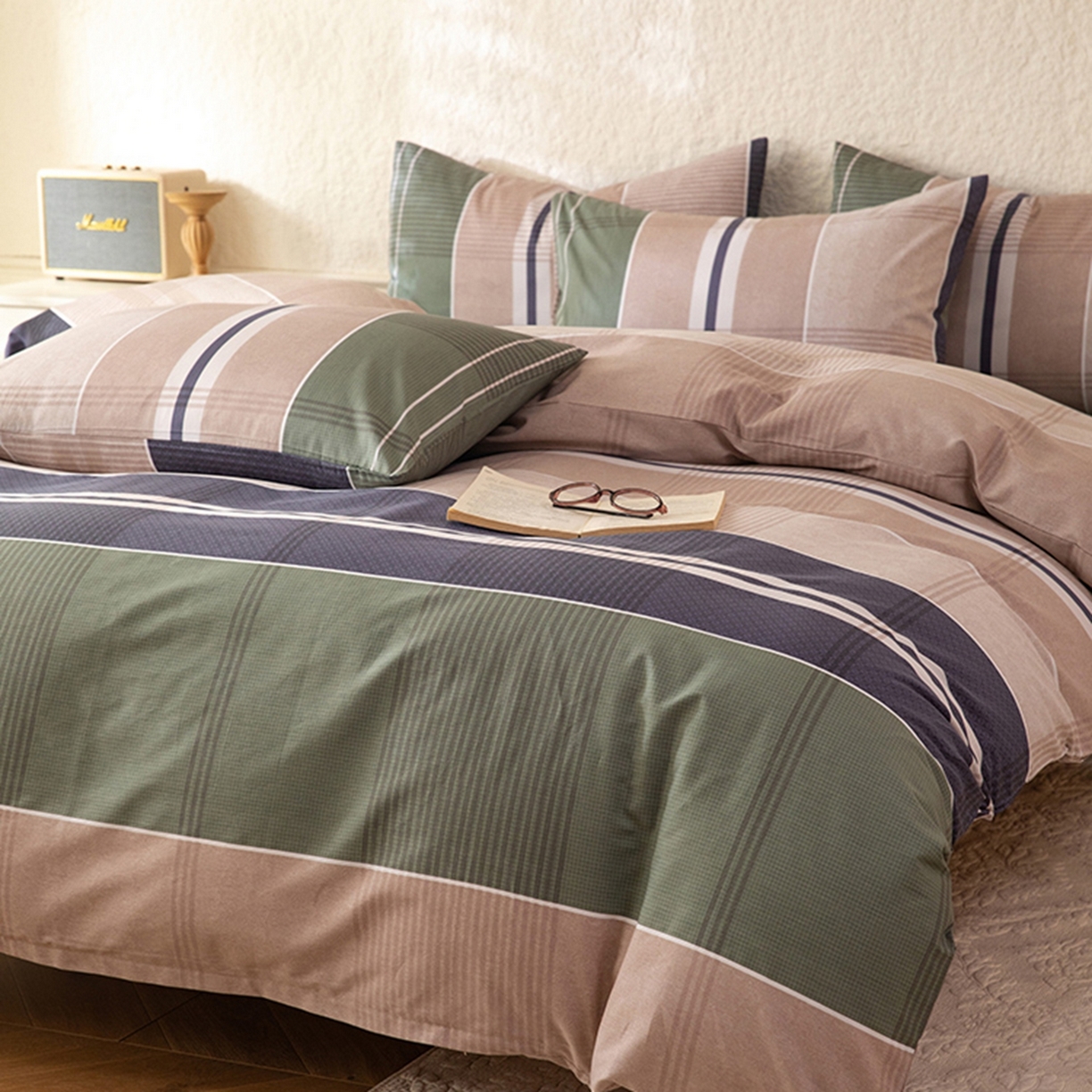 91家纺网 家纺一手货源 找家纺 八十八家纺 2026新款无印风全棉纯棉斜纹条格四件套 木夕