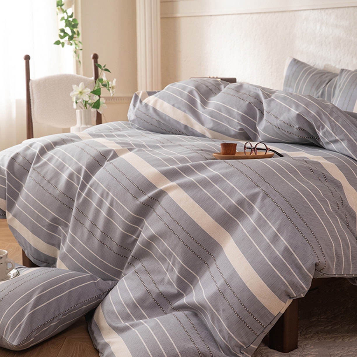 91家纺网 家纺一手货源 找家纺 八十八家纺 2026新款无印风全棉纯棉斜纹条格四件套 木几