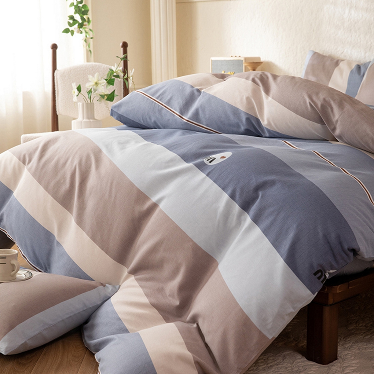 91家纺网 家纺一手货源 找家纺 八十八家纺 2026新款无印风全棉纯棉斜纹条格四件套 木央