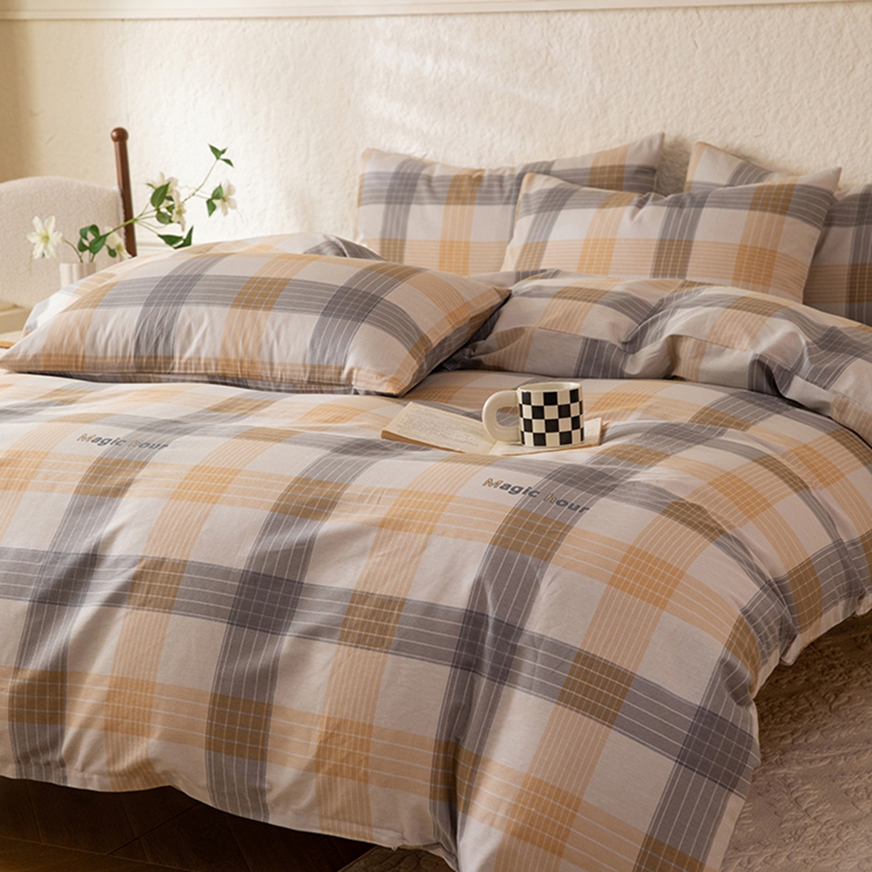 91家纺网 家纺一手货源 找家纺 八十八家纺 2026新款无印风全棉纯棉斜纹条格四件套 山川