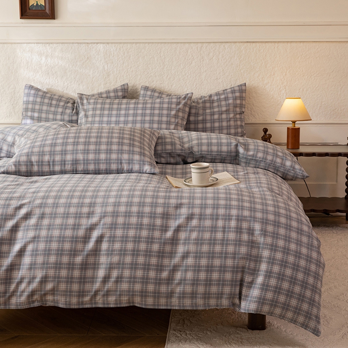 91家纺网 家纺一手货源 找家纺 八十八家纺 2026新款无印风全棉纯棉斜纹条格四件套 青曼