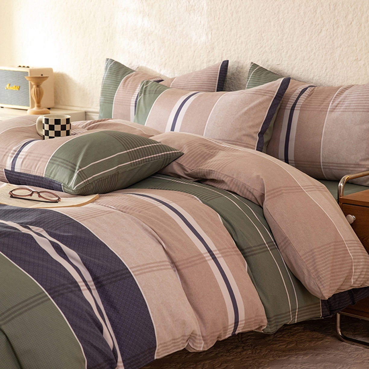 91家纺网 家纺一手货源 找家纺 八十八家纺 2026新款无印风全棉纯棉斜纹条格四件套 木夕