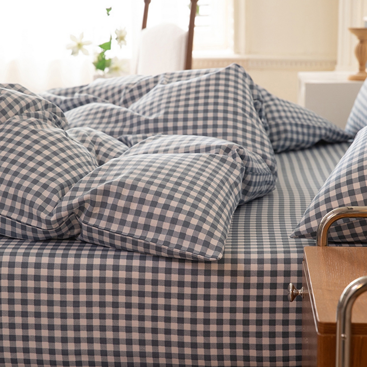 91家纺网 家纺一手货源 找家纺 八十八家纺 2026新款无印风全棉纯棉斜纹条格四件套 青田