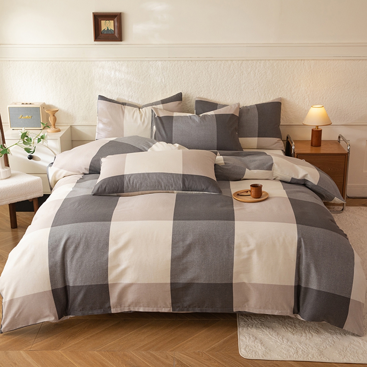 91家纺网 家纺一手货源 找家纺 八十八家纺 2026新款无印风全棉纯棉斜纹条格四件套 山海