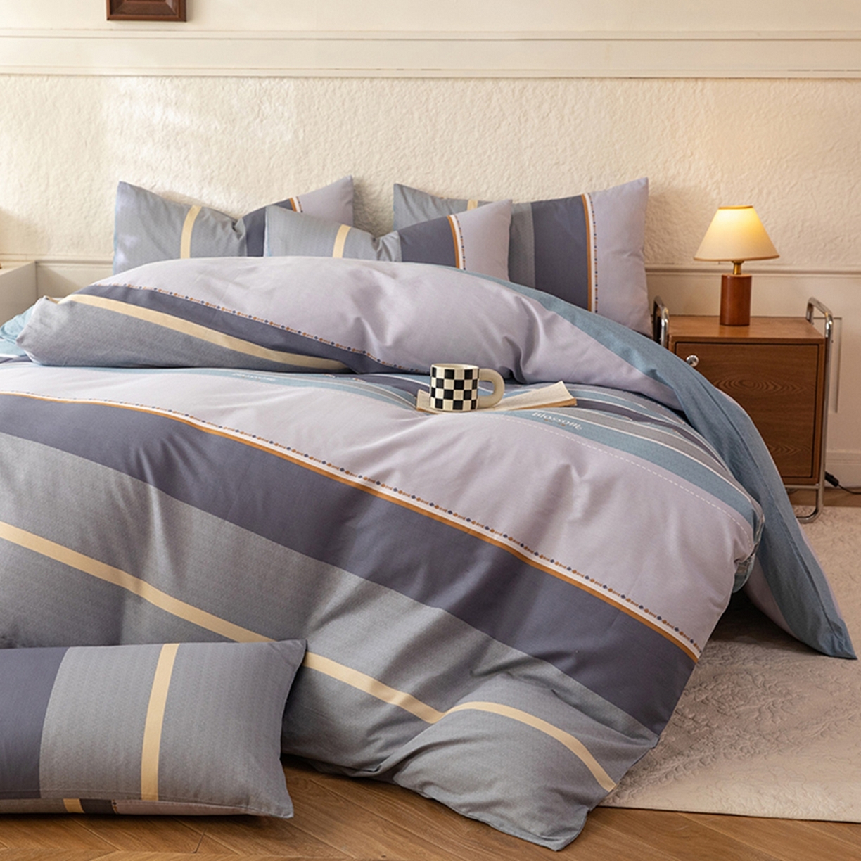 91家纺网 家纺一手货源 找家纺 八十八家纺 2026新款无印风全棉纯棉斜纹条格四件套 木思