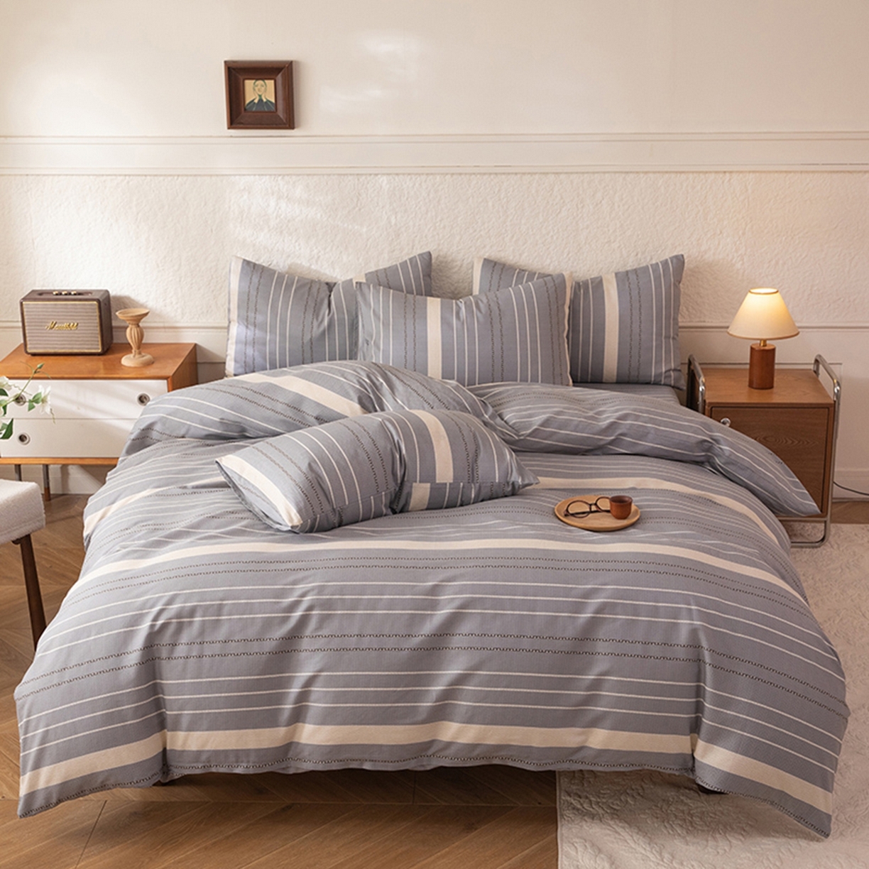 91家纺网 家纺一手货源 找家纺 八十八家纺 2026新款无印风全棉纯棉斜纹条格四件套 木几