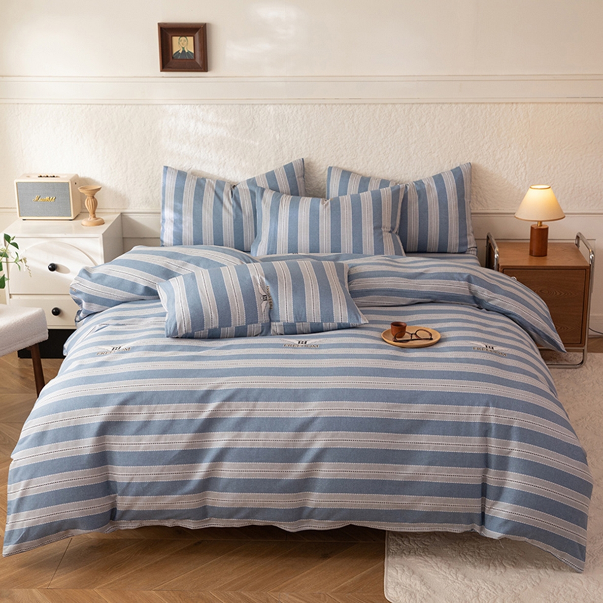 91家纺网 家纺一手货源 找家纺 八十八家纺 2026新款无印风全棉纯棉斜纹条格四件套 木夏