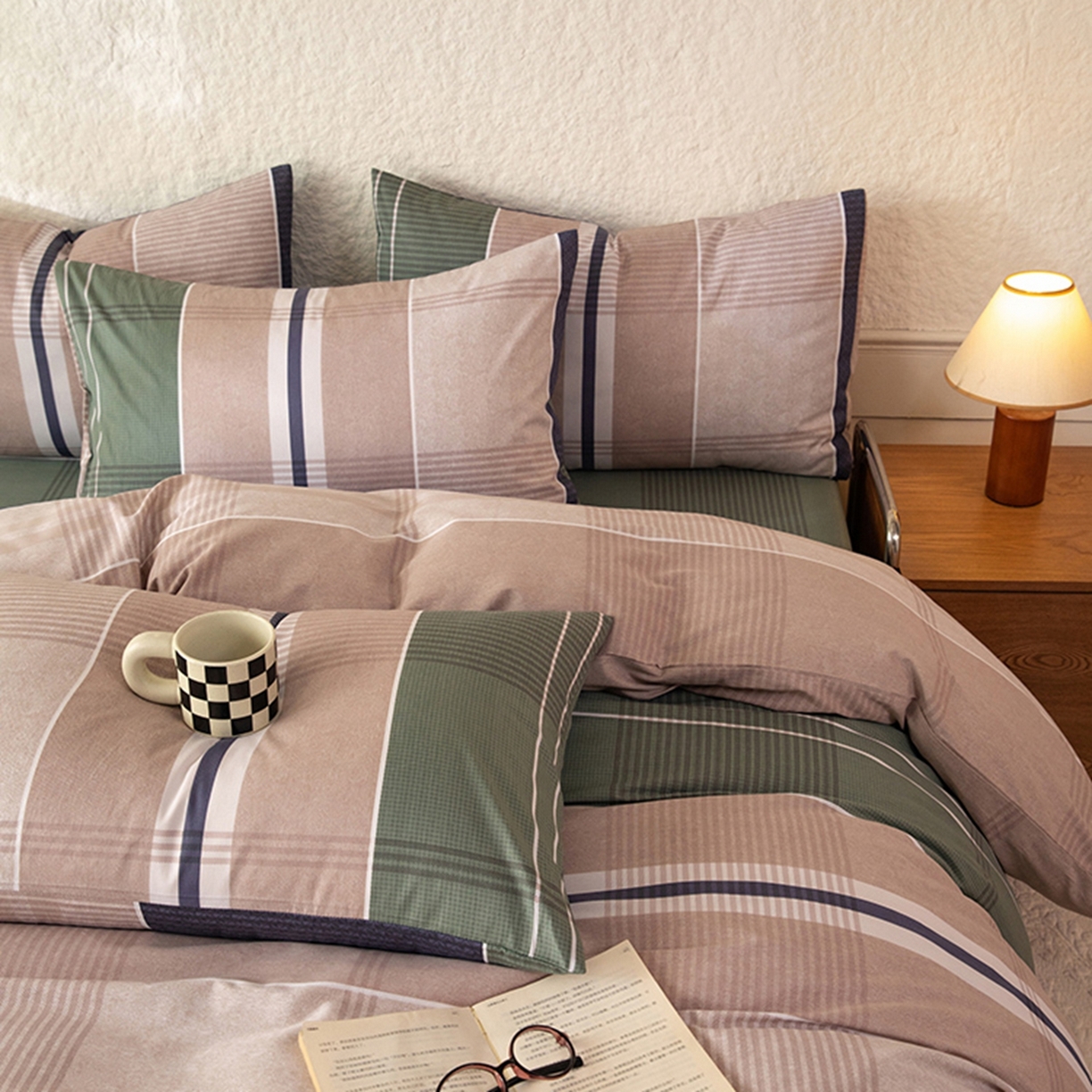 91家纺网 家纺一手货源 找家纺 八十八家纺 2026新款无印风全棉纯棉斜纹条格四件套 木夕