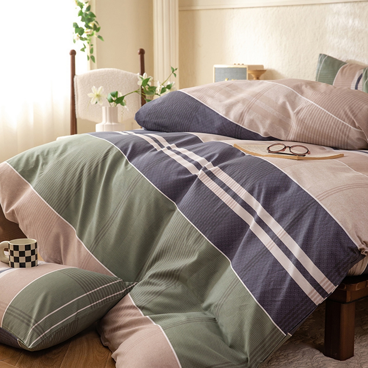 91家纺网 家纺一手货源 找家纺 八十八家纺 2026新款无印风全棉纯棉斜纹条格四件套 木夕